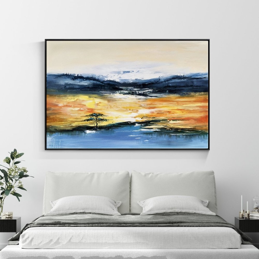 Vibrant Desert Oasis Landscape Oil Painting – Serene Sunset Reflection on Water
