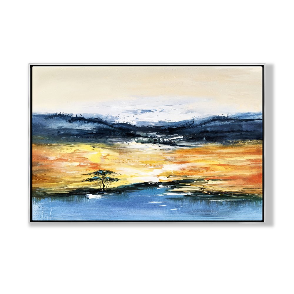 Vibrant Desert Oasis Landscape Oil Painting – Serene Sunset Reflection on Water
