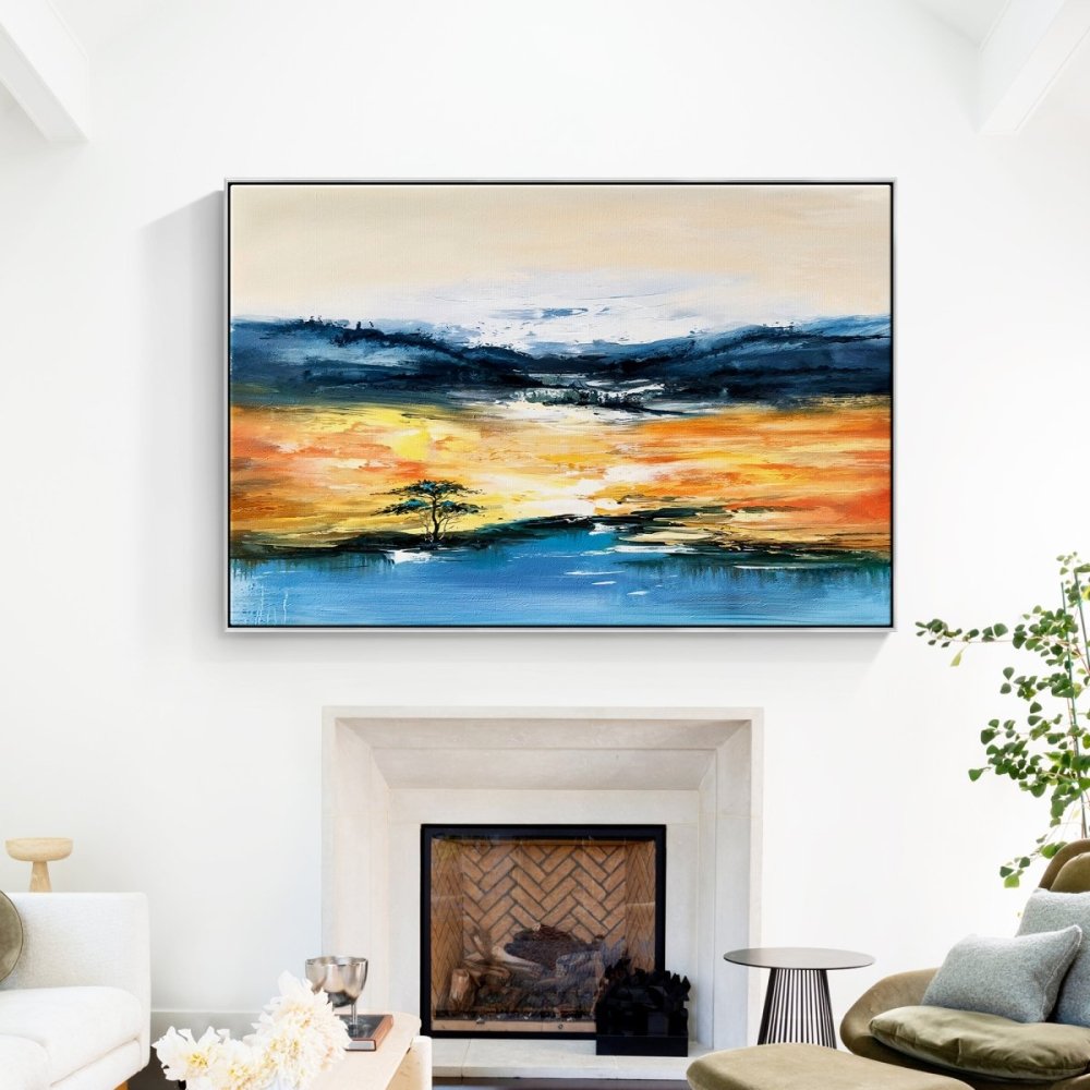 Vibrant Desert Oasis Landscape Oil Painting – Serene Sunset Reflection on Water