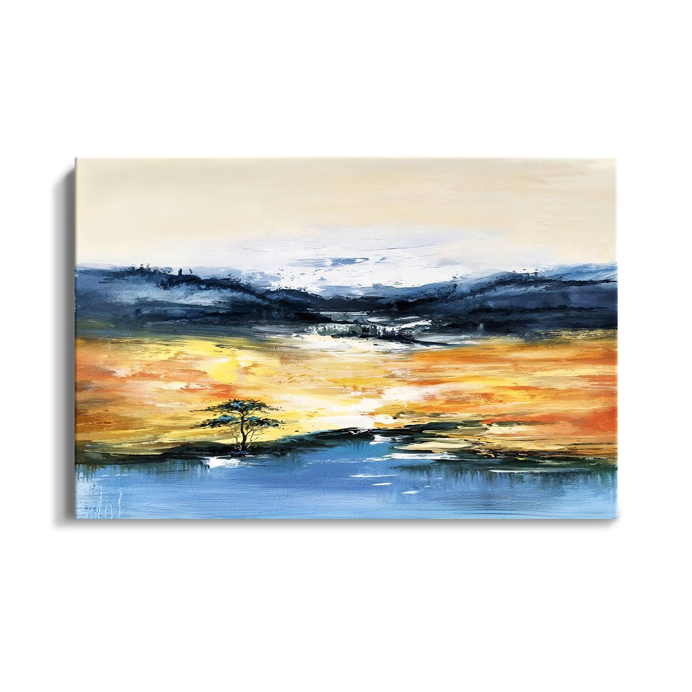 Vibrant Desert Oasis Landscape Oil Painting – Serene Sunset Reflection on Water