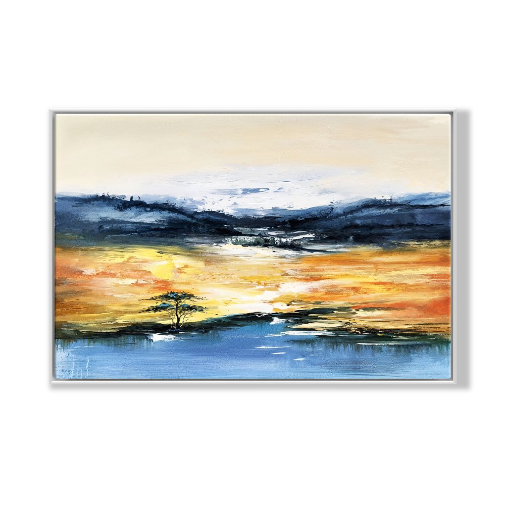 Vibrant Desert Oasis Landscape Oil Painting – Serene Sunset Reflection on Water