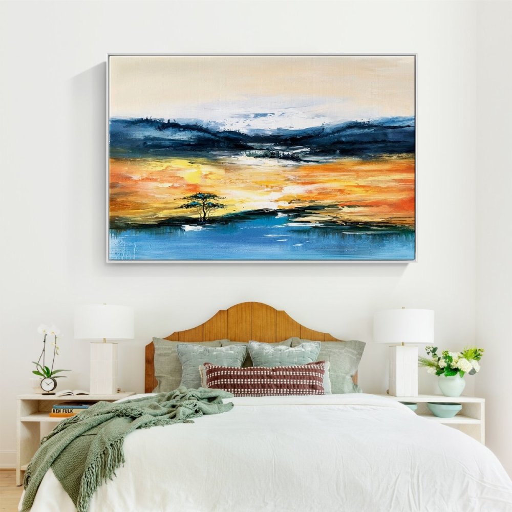 Vibrant Desert Oasis Landscape Oil Painting – Serene Sunset Reflection on Water