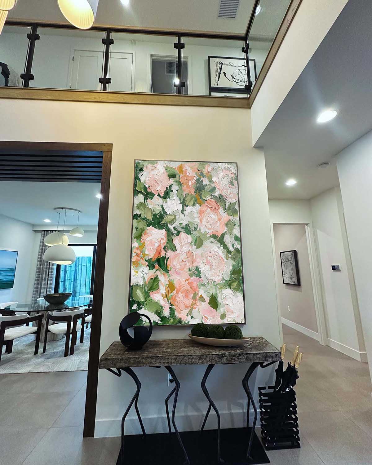 Vibrant Floral Oil Painting with Soft Pink Roses and Lush Greenery