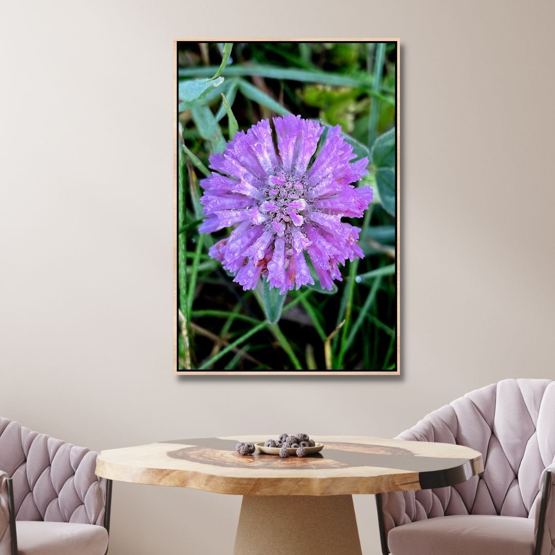 Vibrant Purple Flower with Dew Drops - Nature Oil Painting Decor