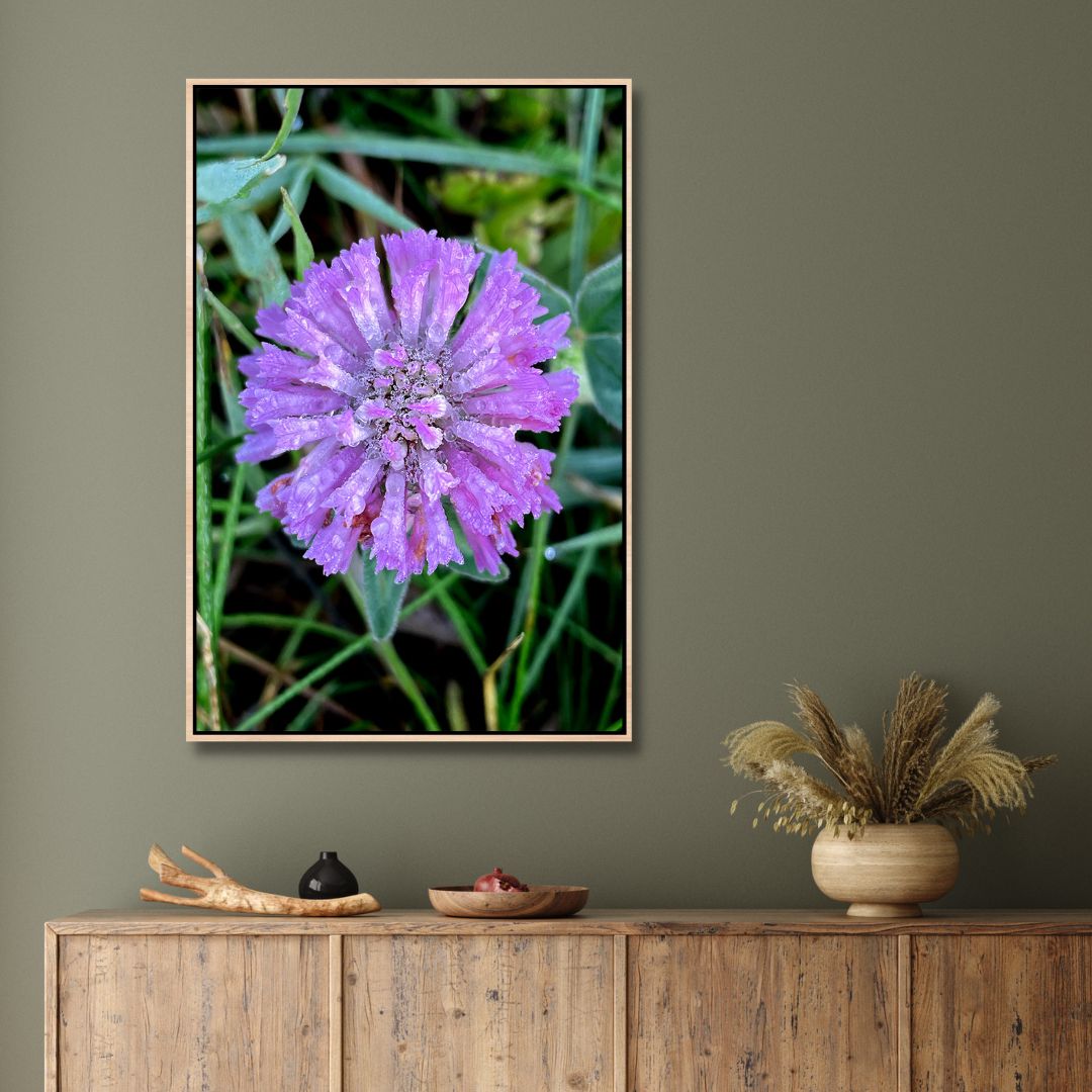 Vibrant Purple Flower with Dew Drops - Nature Oil Painting Decor