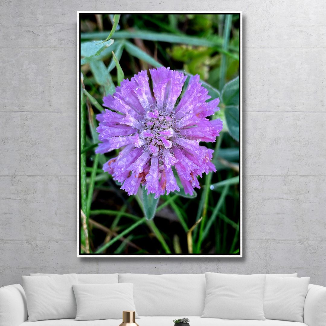 Vibrant Purple Flower with Dew Drops - Nature Oil Painting Decor