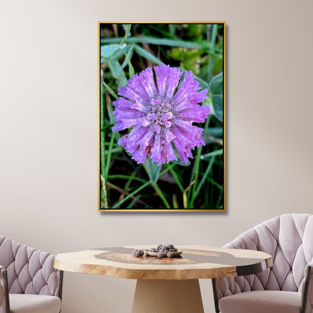 Vibrant Purple Flower with Dew Drops - Nature Oil Painting Decor