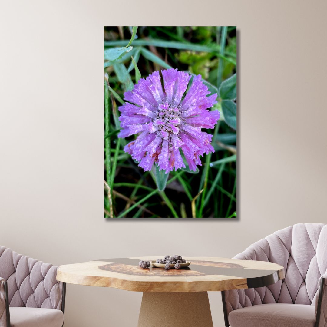 Vibrant Purple Flower with Dew Drops - Nature Oil Painting Decor