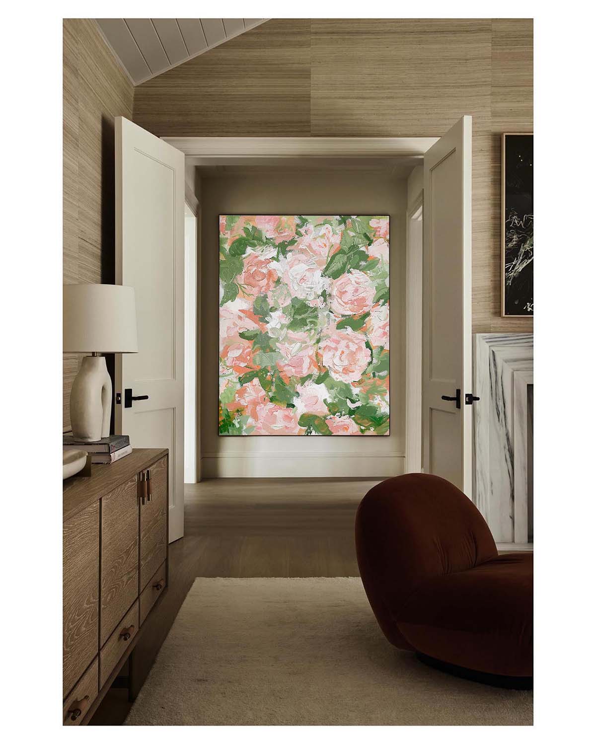 Vibrant Floral Oil Painting with Soft Pink and Green Hues for Elegant Home Decor