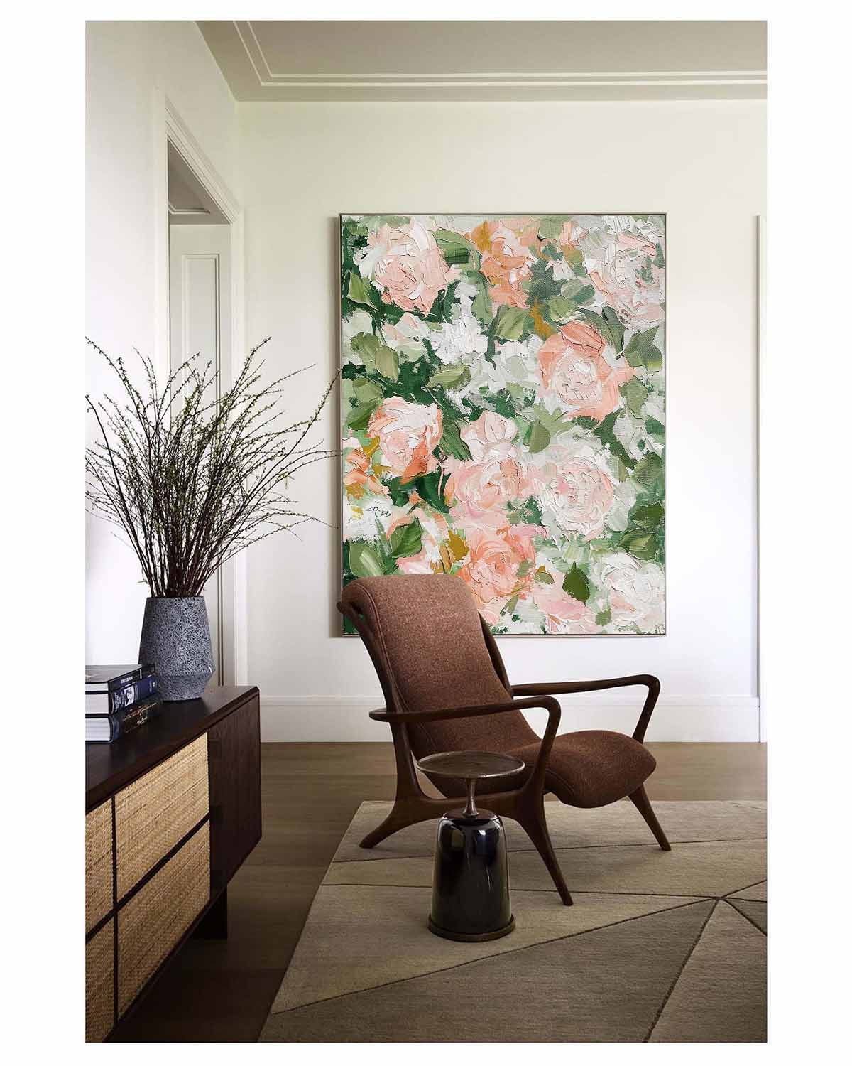 Vibrant Floral Oil Painting with Soft Pink Roses and Lush Greenery
