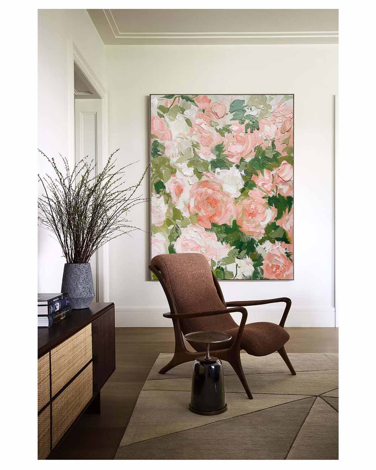 Vibrant Floral Oil Painting with Pink Roses and Green Leaves for Elegant Home Decor