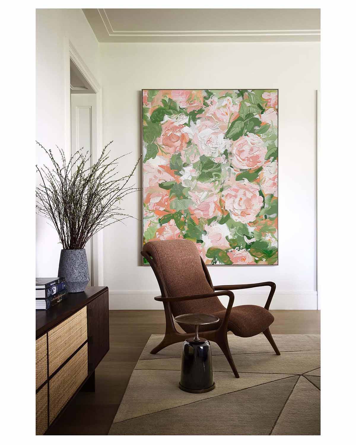 Vibrant Floral Oil Painting with Soft Pink and Green Hues for Elegant Home Decor