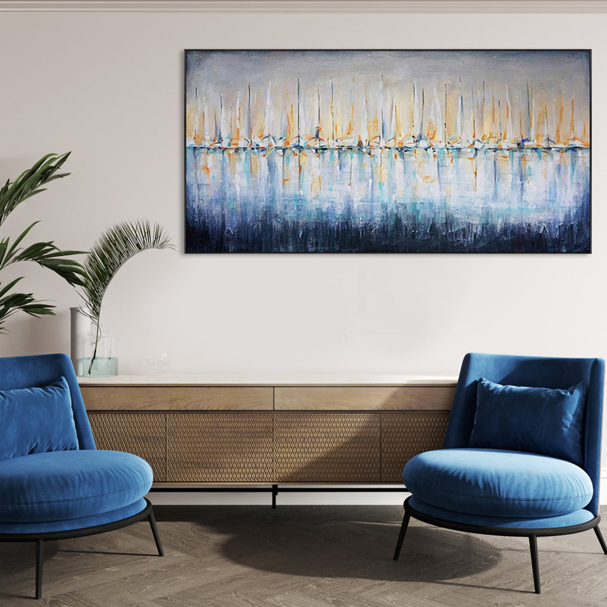 Tranquil Reflections on Water: Serene Coastal Oil Painting for Elegant Home Decor