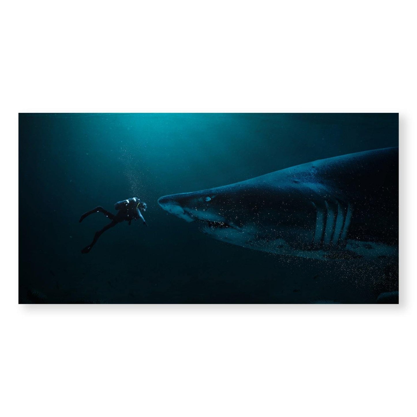 Majestic Diver Encounters Sharks in Stunning Ocean Canvas Art
