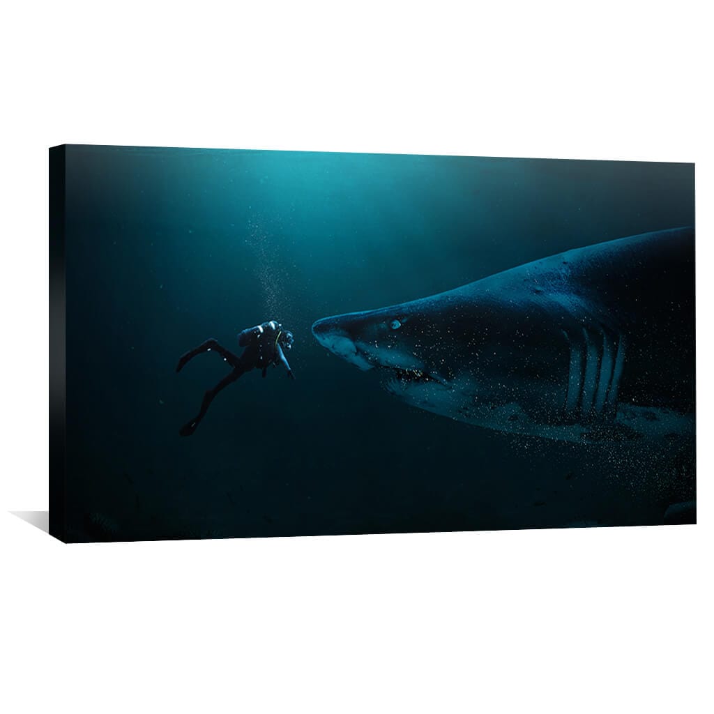 Majestic Diver Encounters Sharks in Stunning Ocean Canvas Art