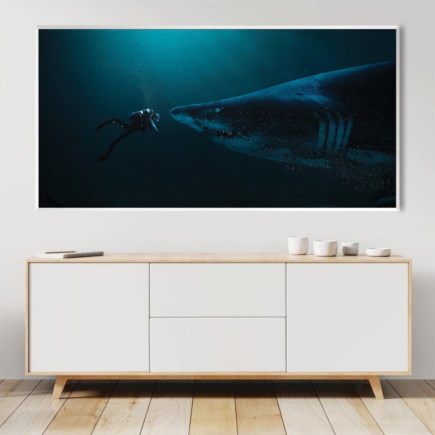 Majestic Diver Encounters Sharks in Stunning Ocean Canvas Art