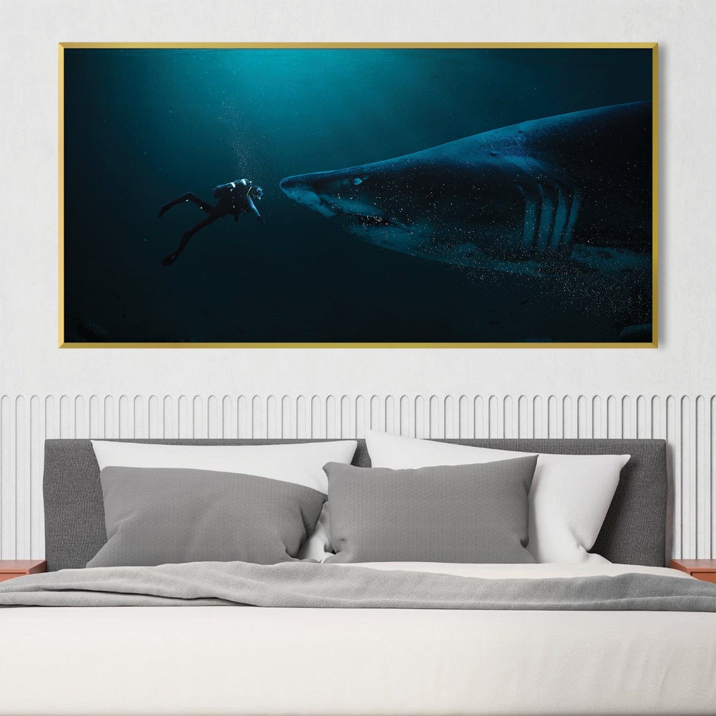 Majestic Diver Encounters Sharks in Stunning Ocean Canvas Art