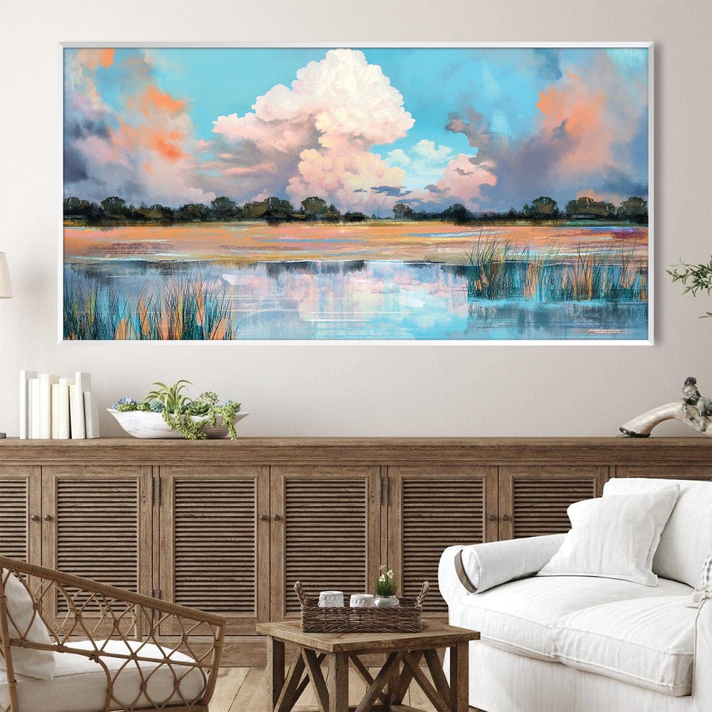 Serene Landscape Oil Painting of Dreamy Water Reflections and Vibrant Skies