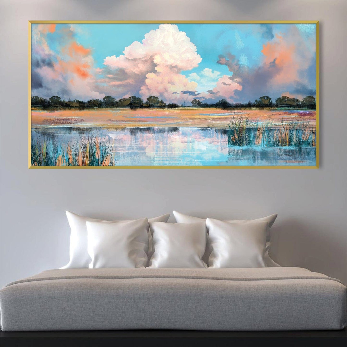 Serene Landscape Oil Painting of Dreamy Water Reflections and Vibrant Skies