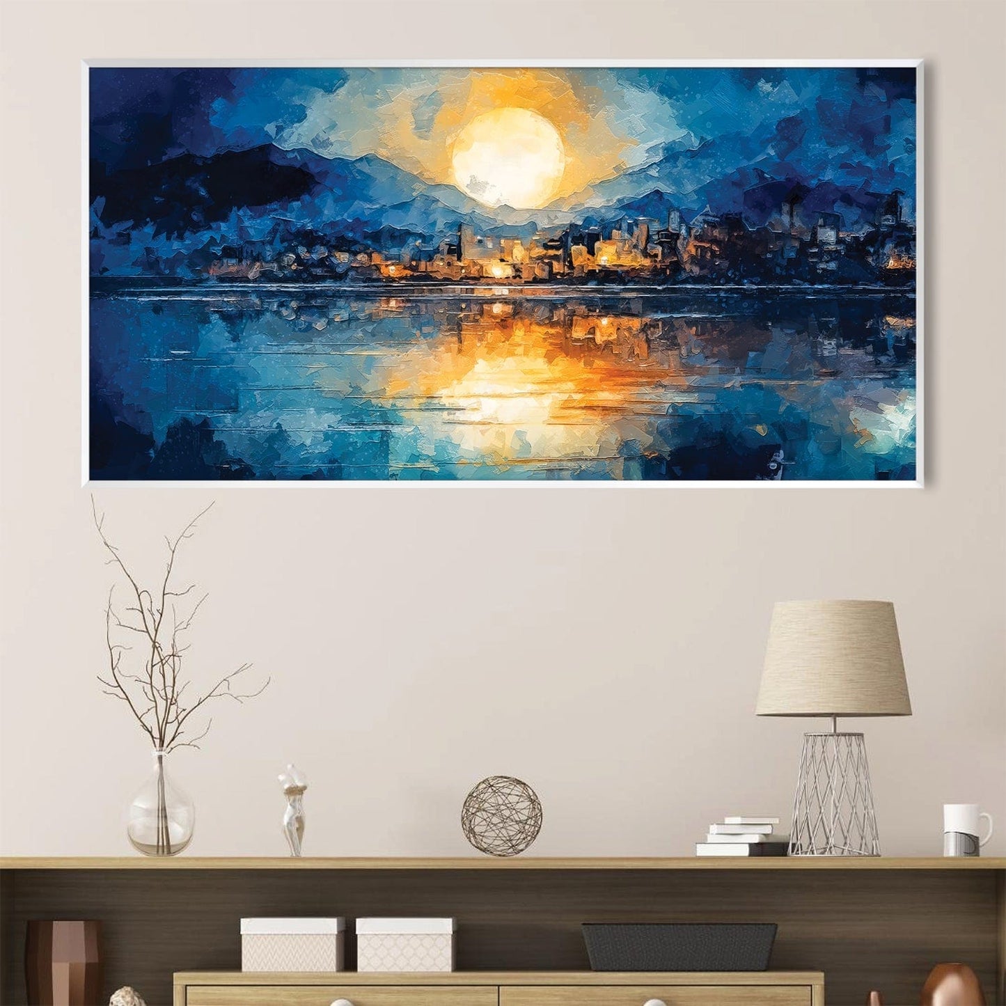 Serene Waterfront Dusk Oil Painting Landscape with Vibrant Sunset Reflection