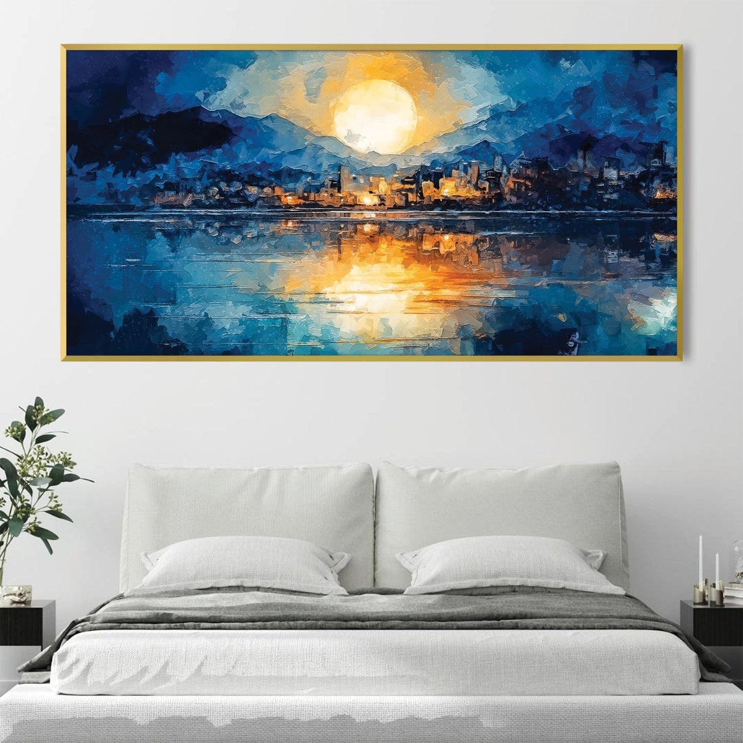 Serene Waterfront Dusk Oil Painting Landscape with Vibrant Sunset Reflection