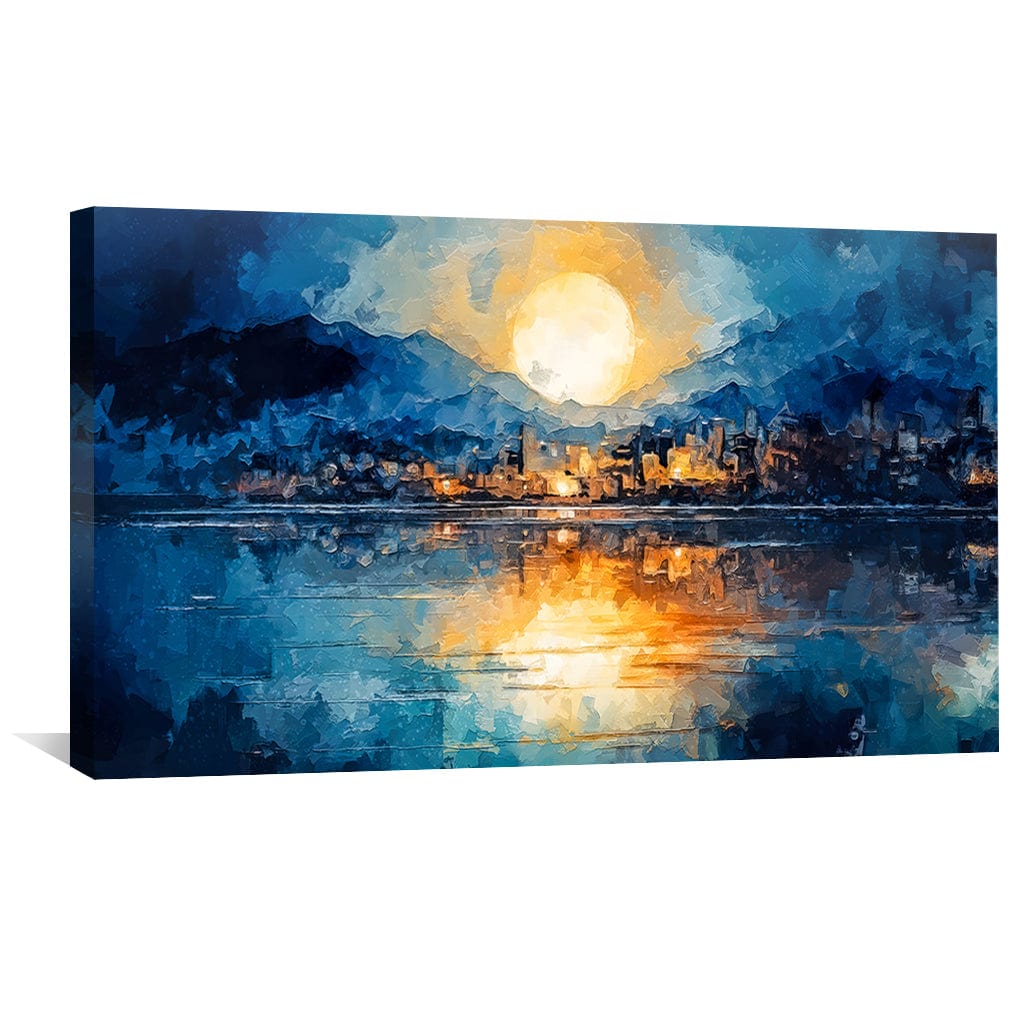 Serene Waterfront Dusk Oil Painting Landscape with Vibrant Sunset Reflection