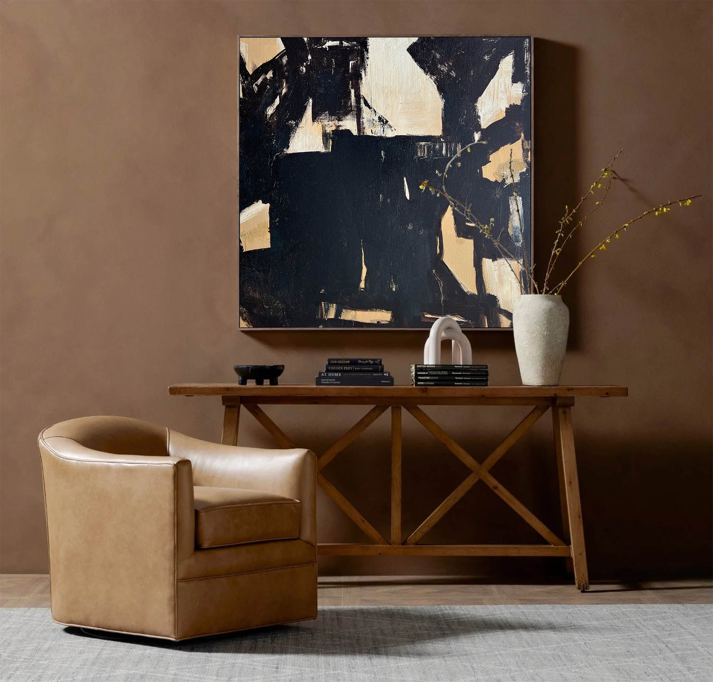 Contemporary Minimalist Abstract Oil Painting with Bold Black and Beige Design