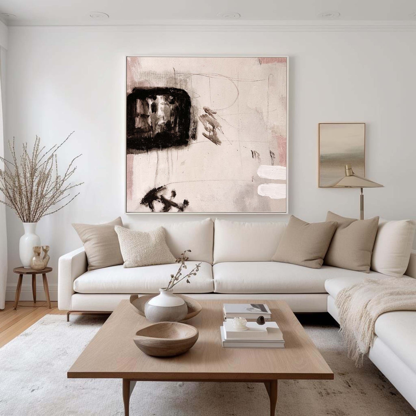 Contemporary Abstract Oil Painting with Bold Black and Soft Pink Accents