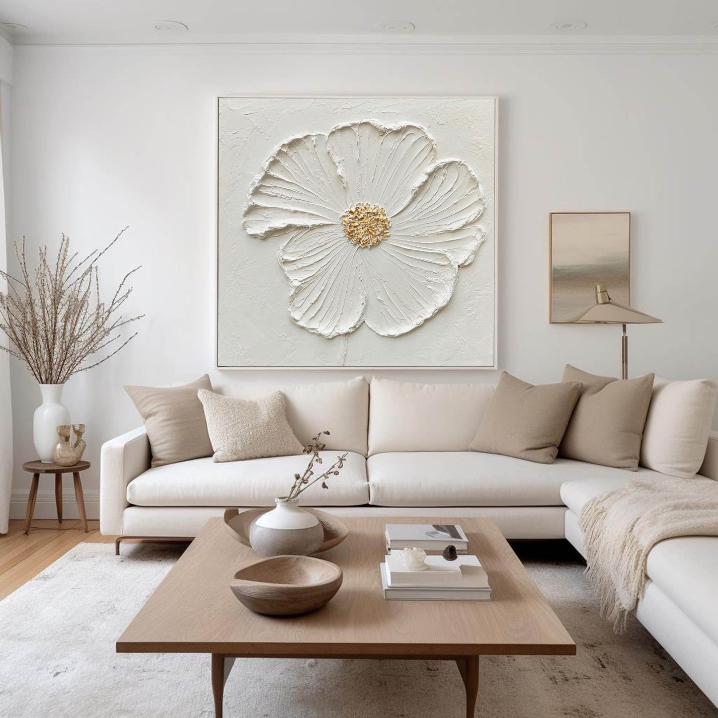 Elegant White Flower Oil Painting with Textured Petals and Gold Accents