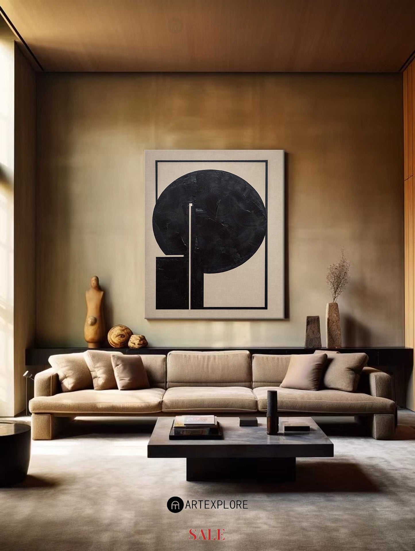 Bold Black Circle Modern Abstract Oil Painting for Contemporary Home Decor
