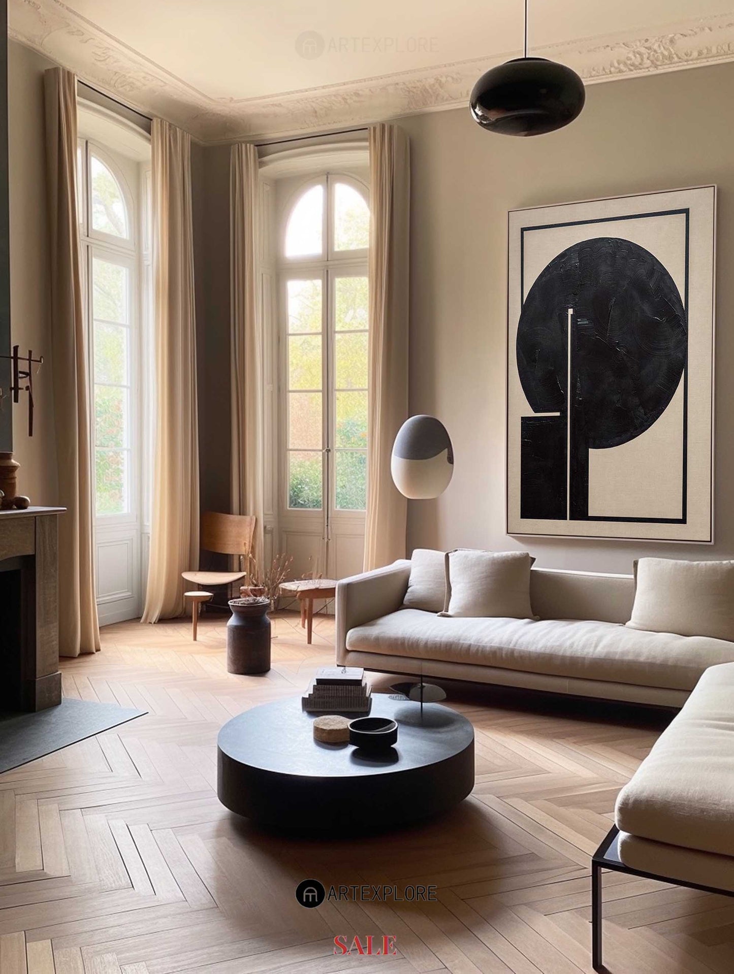 Bold Black Circle Modern Abstract Oil Painting for Contemporary Home Decor