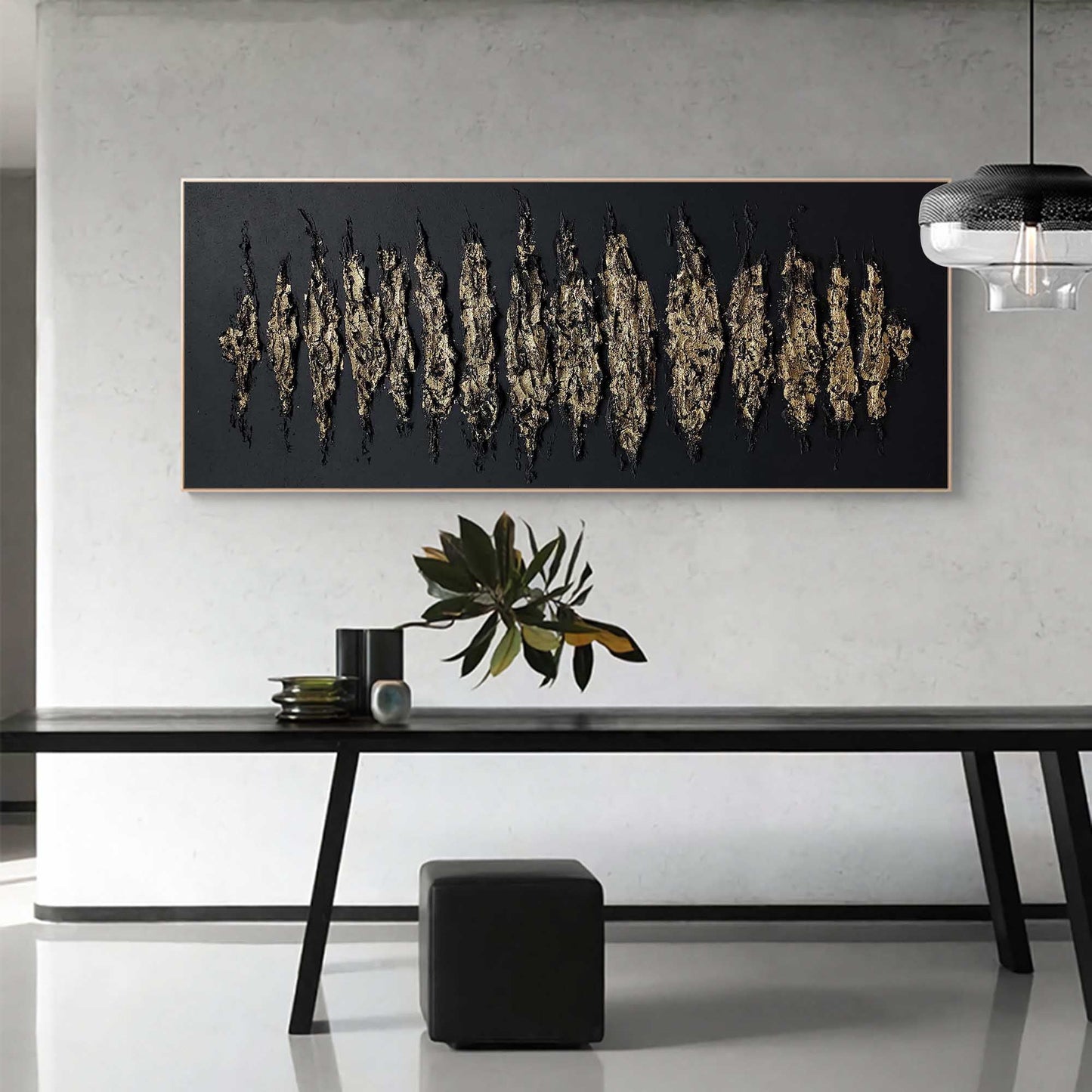 Contemporary Gold and Black Abstract Oil Painting for Modern Home Decor