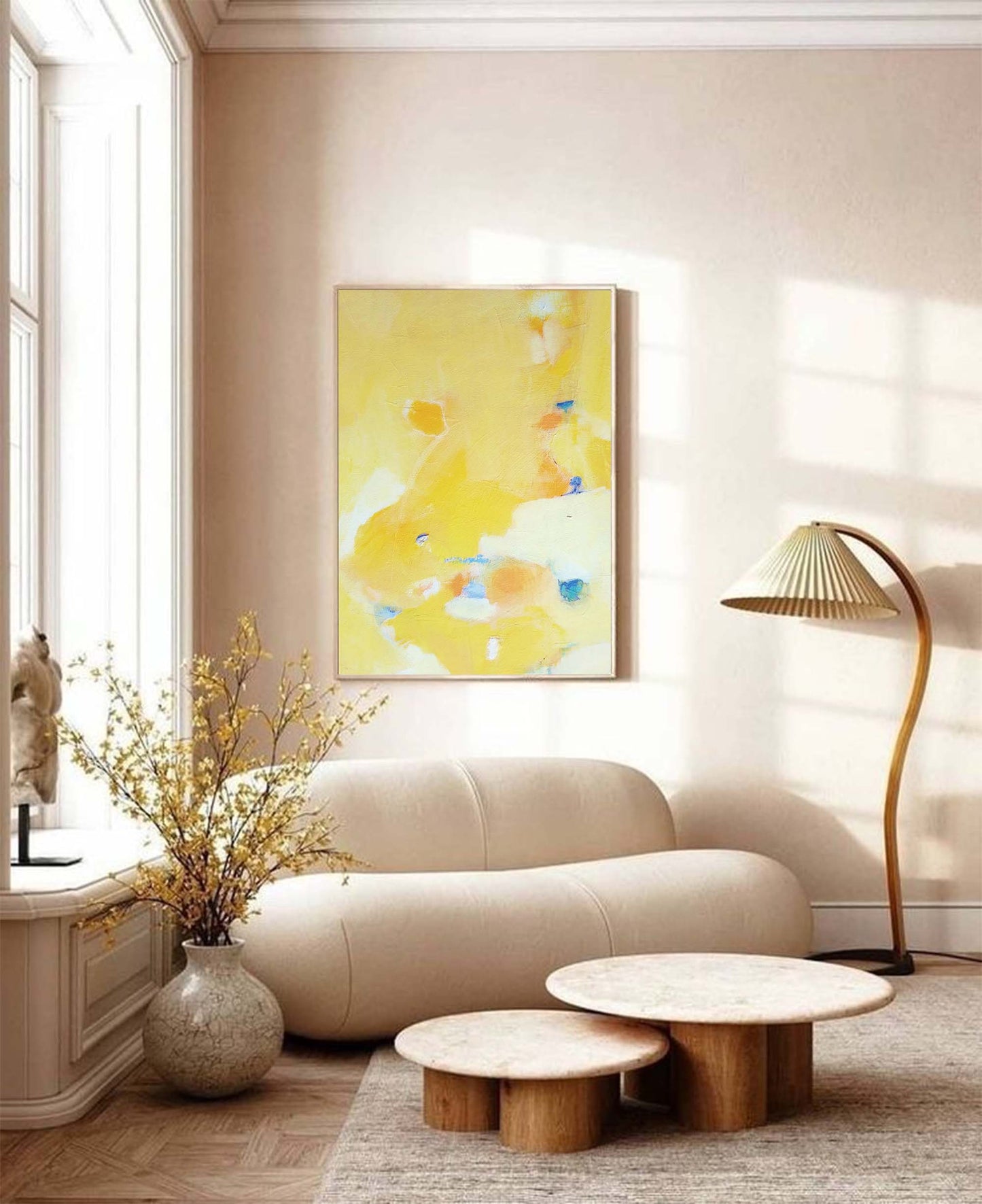 Bright Yellow Abstract Oil Painting for Modern Minimalist Home Decor