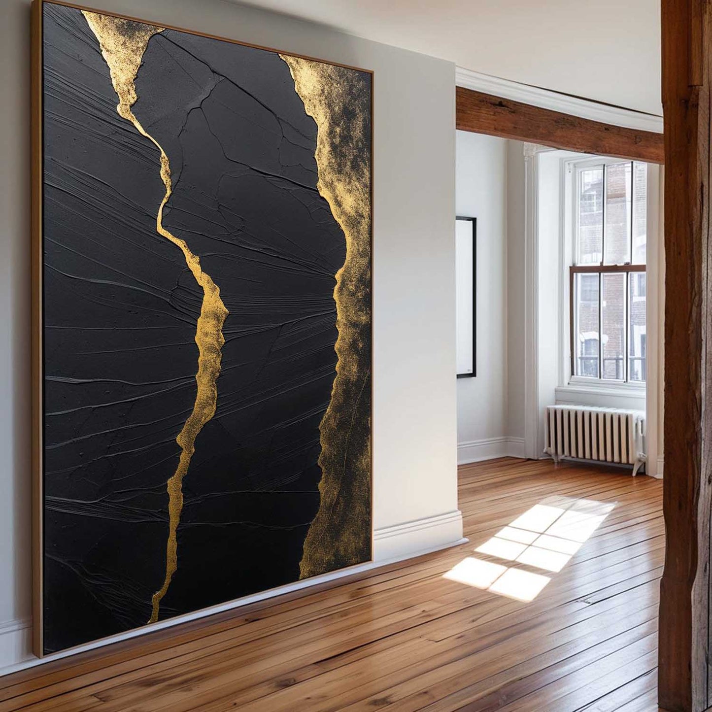 Elegant Black and Gold Minimalist Abstract Oil Painting for Modern Home Decor
