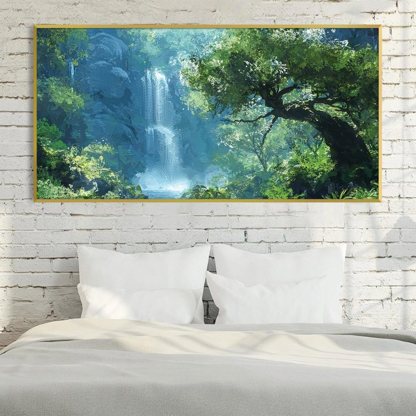Lush Waterfall Oasis Oil Painting for Serene Home Décor