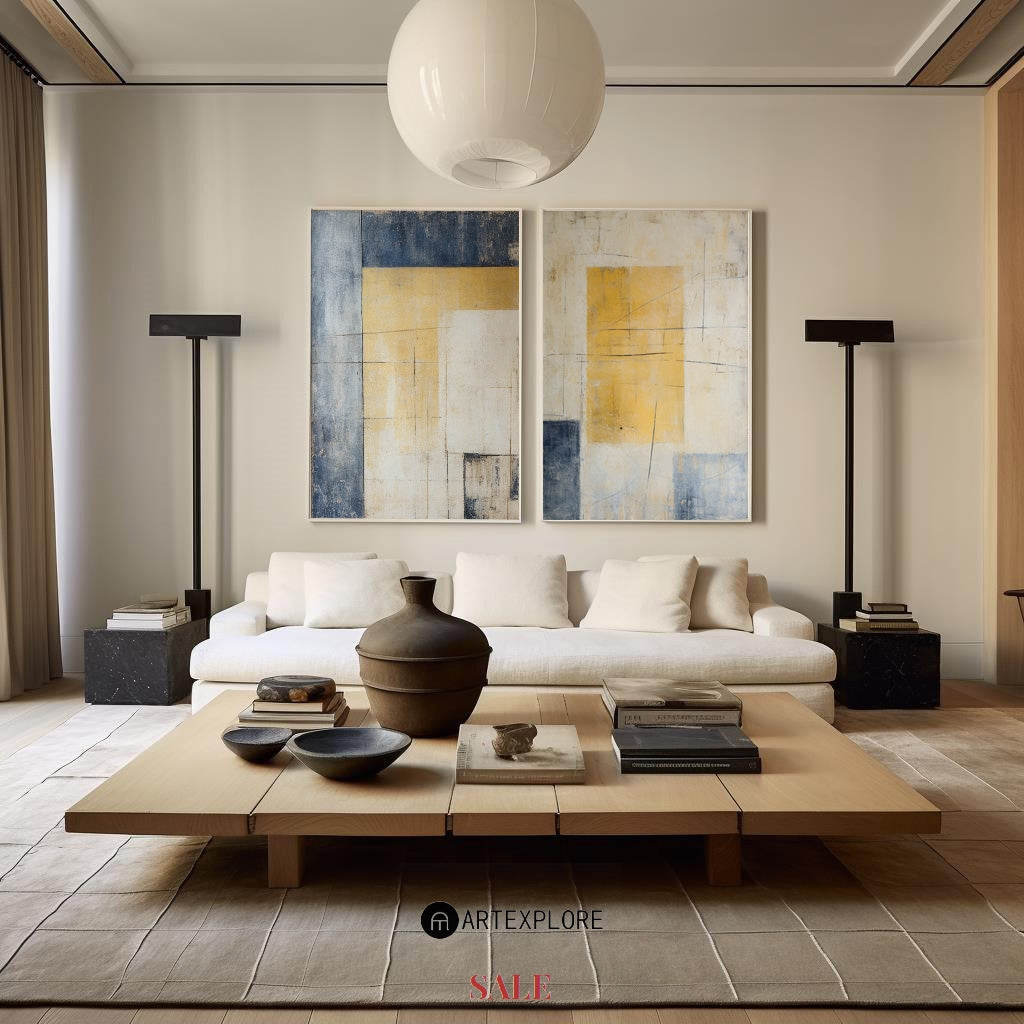 Contemporary Abstract Duo in Yellow and Blue for Modern Home Decor