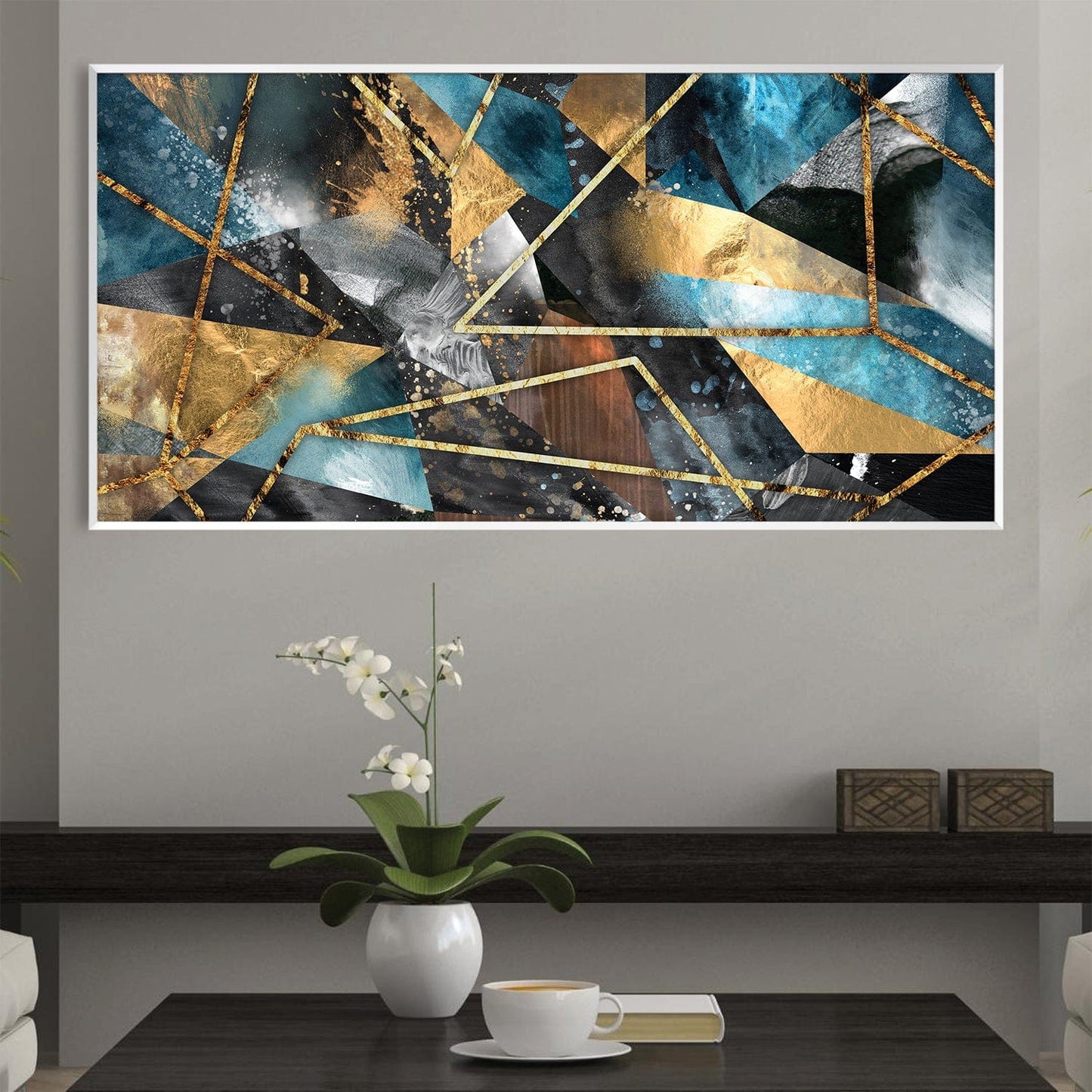 Abstract Geometric Oil Painting with Gold Accents for Modern Home Decor
