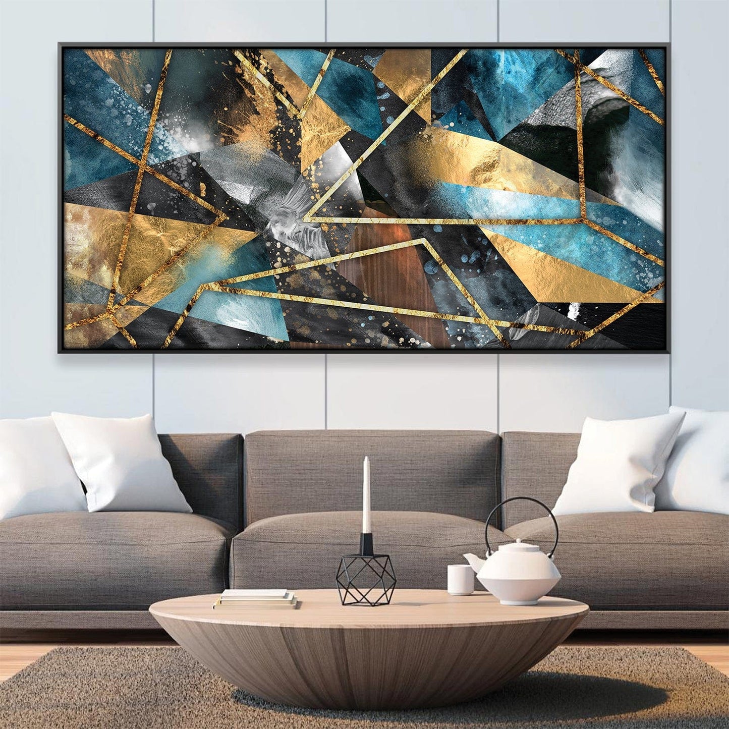 Abstract Geometric Oil Painting with Gold Accents for Modern Home Decor