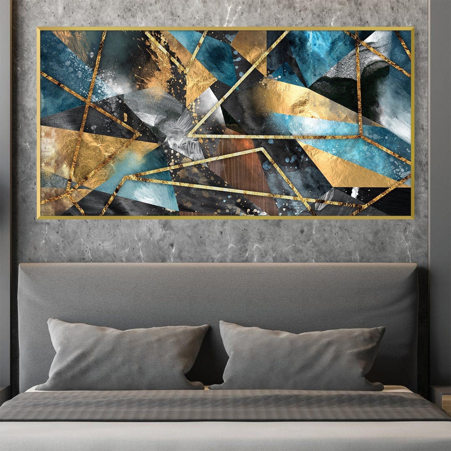 Abstract Geometric Oil Painting with Gold Accents for Modern Home Decor