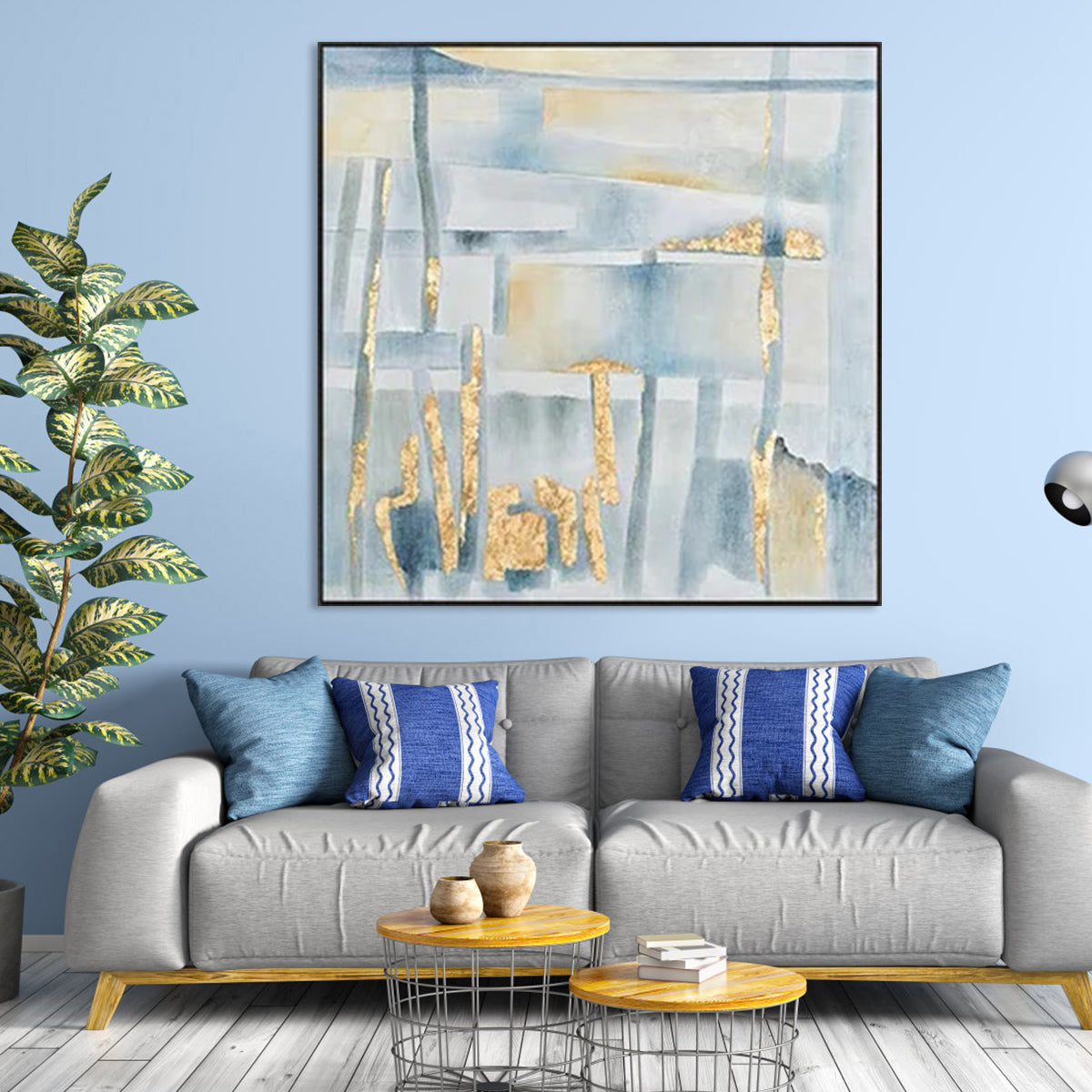 Tranquil Abstract Oil Painting with Golden Accents for Modern Home Decor