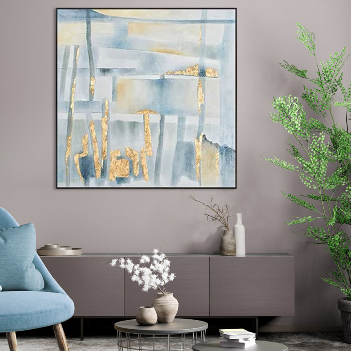 Tranquil Abstract Oil Painting with Golden Accents for Modern Home Decor