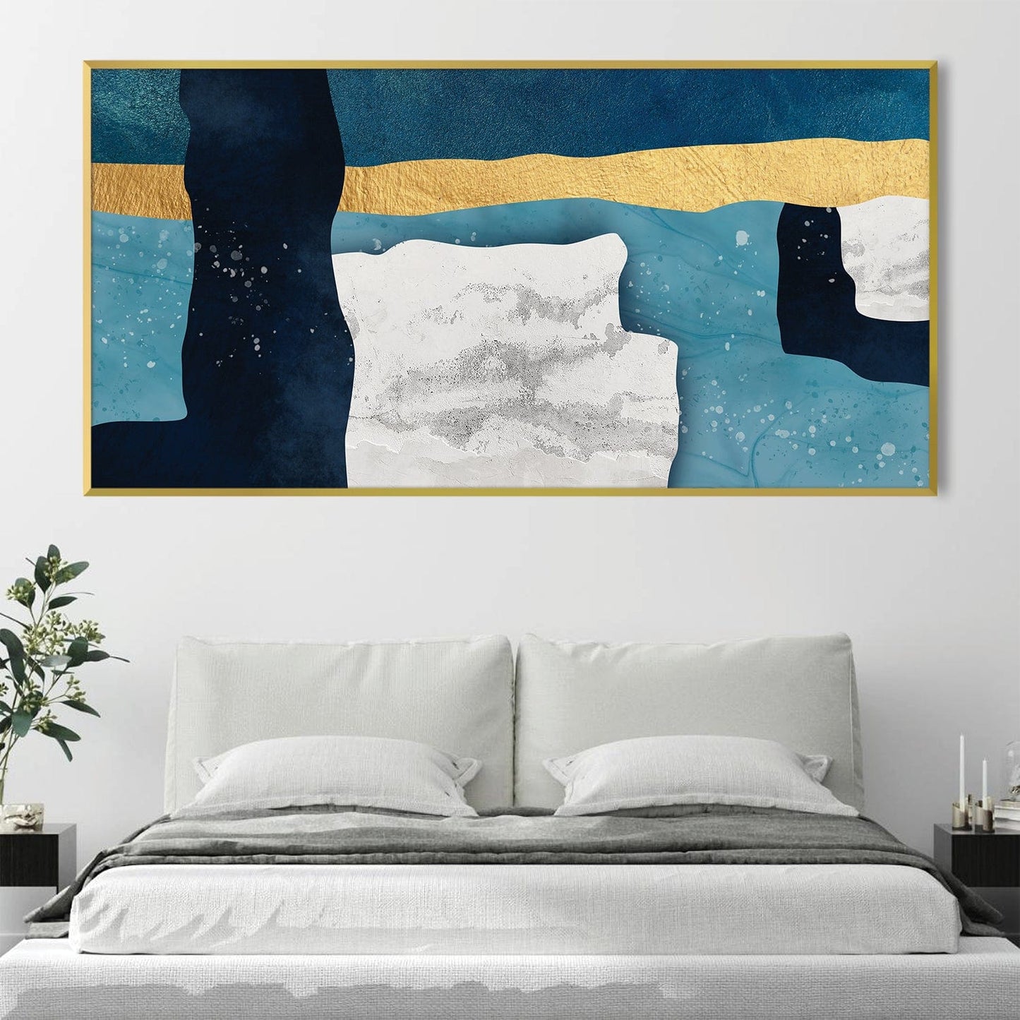 Abstract Blue and Gold Landscape Oil Painting for Modern Home Decor