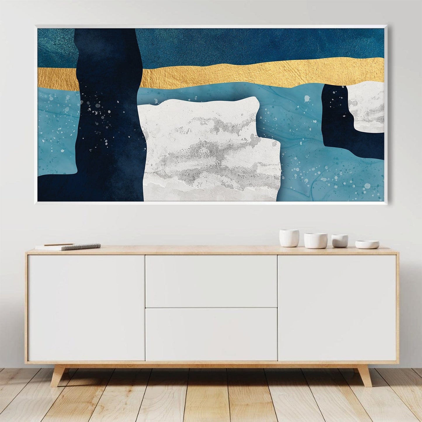 Abstract Blue and Gold Landscape Oil Painting for Modern Home Decor