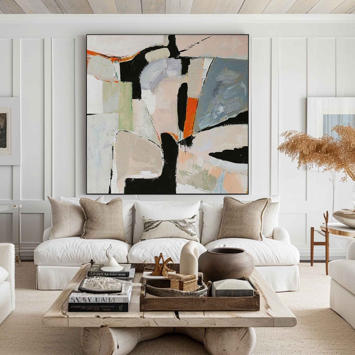 Modern Abstract Oil Painting with Geometric Shapes and Soft Colors