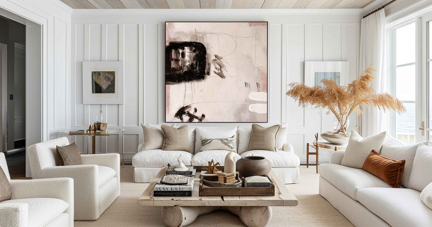Contemporary Abstract Oil Painting with Bold Black and Soft Pink Accents