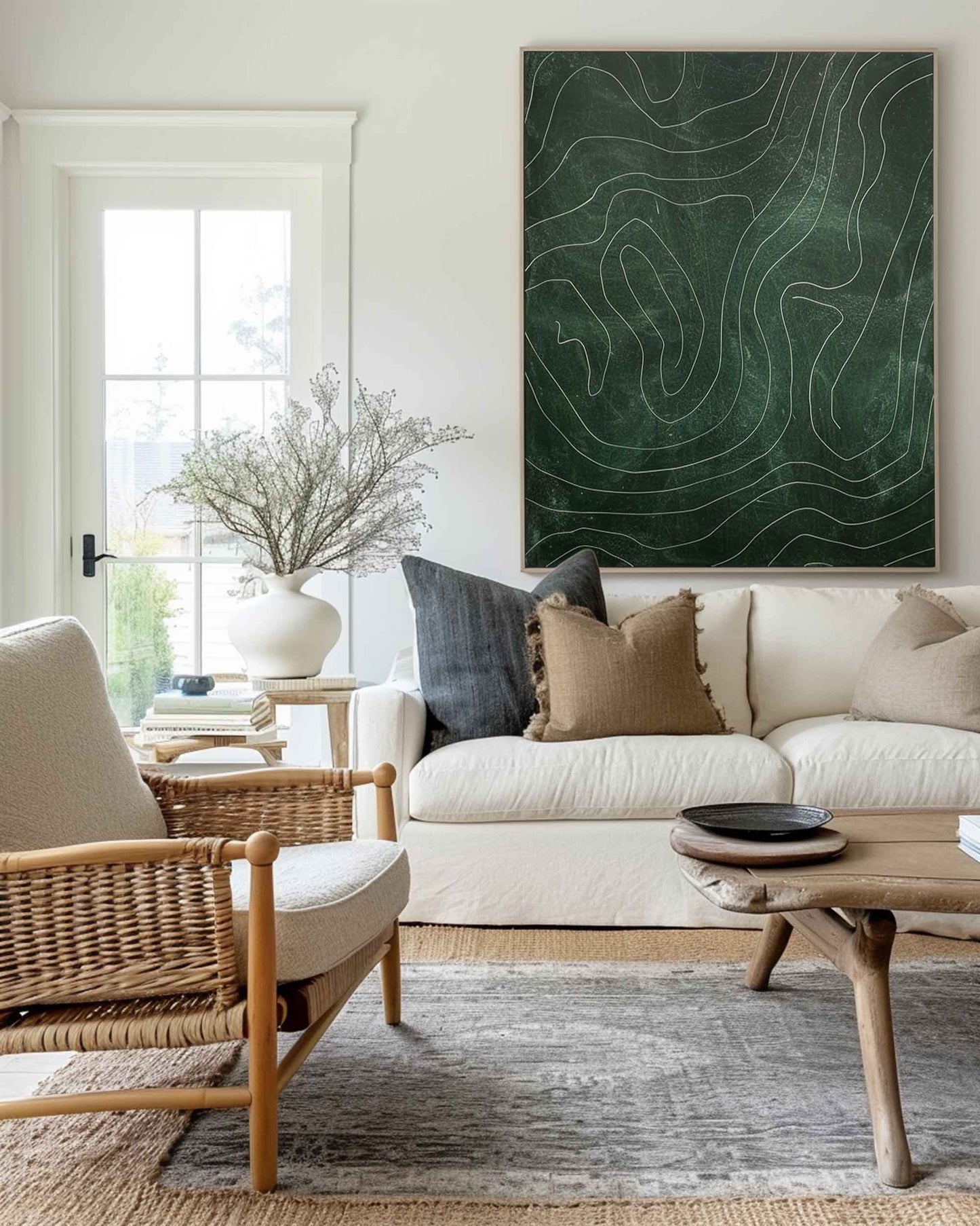 Contemporary Green Abstract Oil Painting with Dynamic Line Work