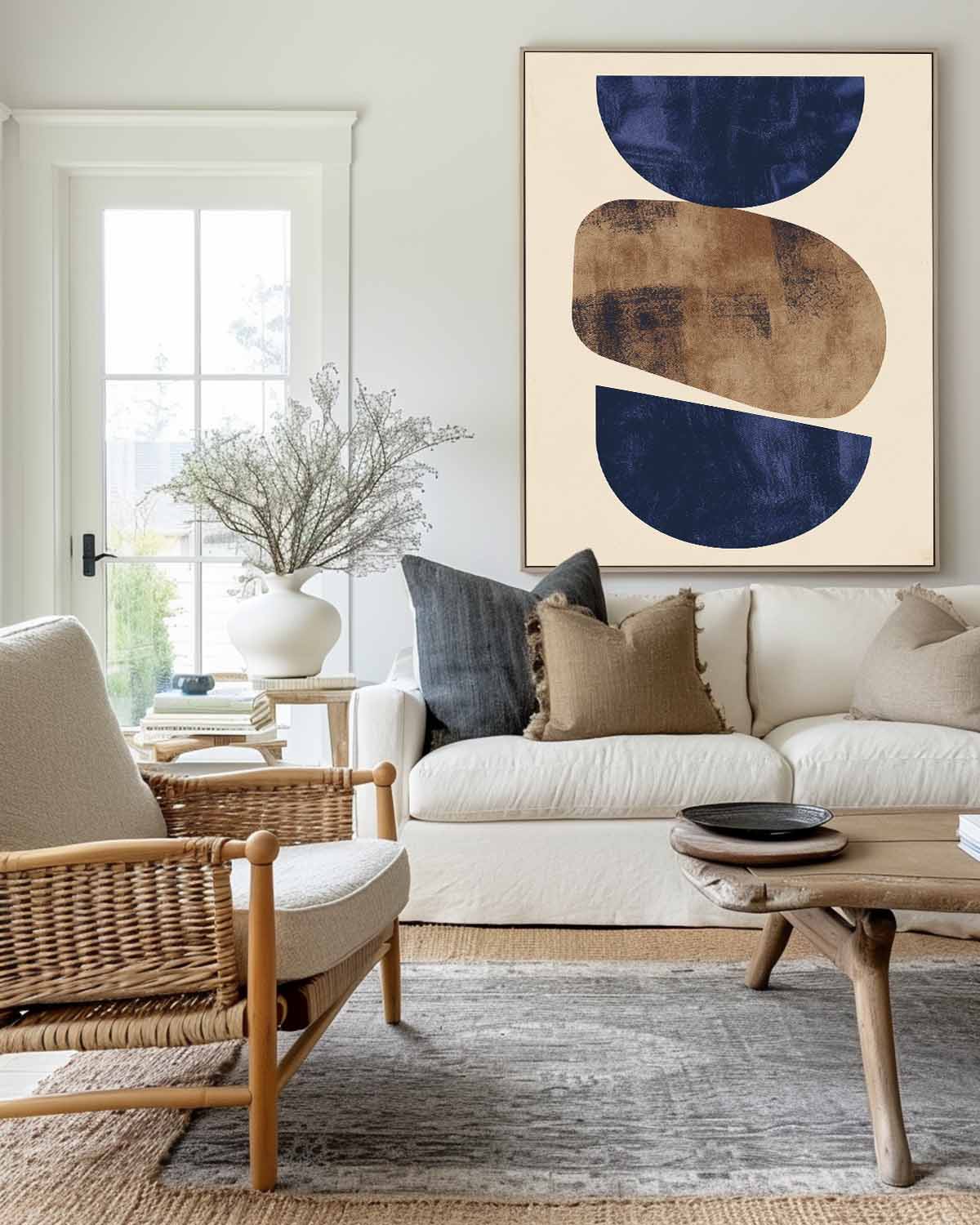 Navy and Gold Geometric Abstract Oil Painting for Modern Home Decor