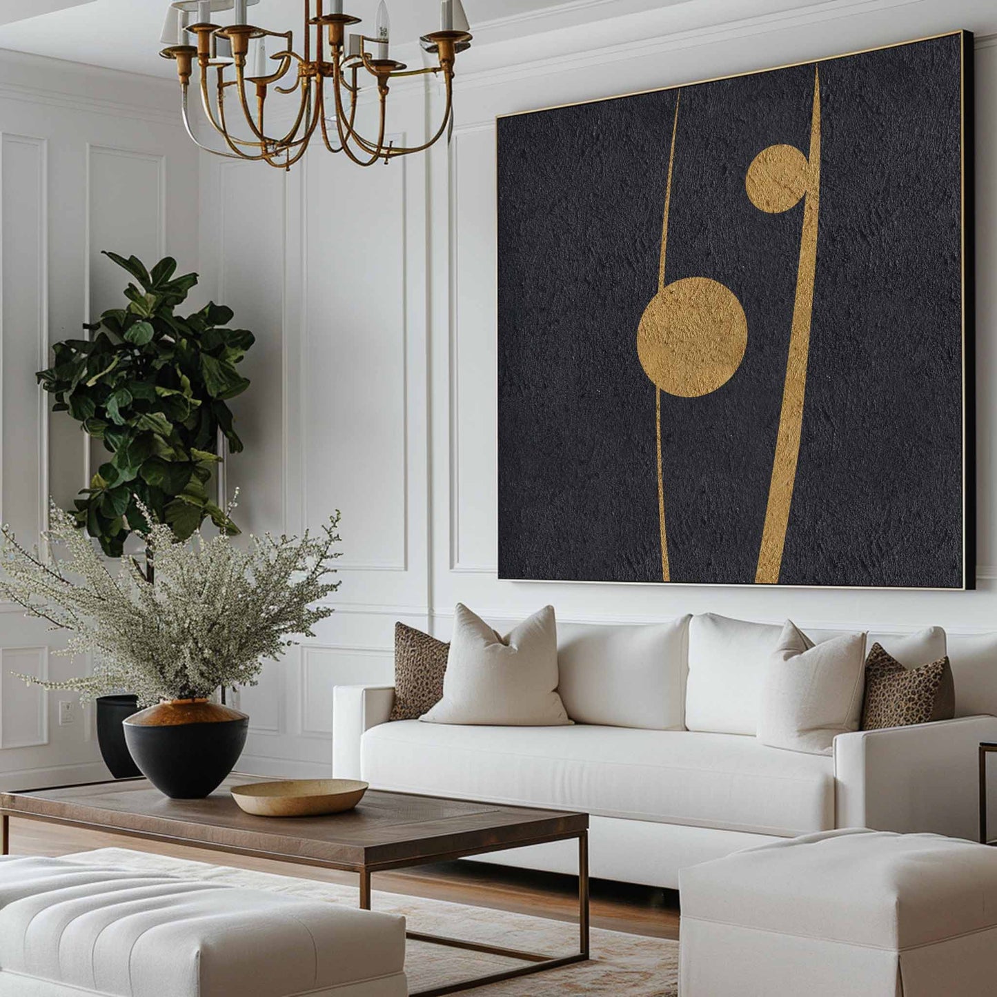 Elegant Black and Gold Abstract Minimalist Oil Painting for Modern Home Decor