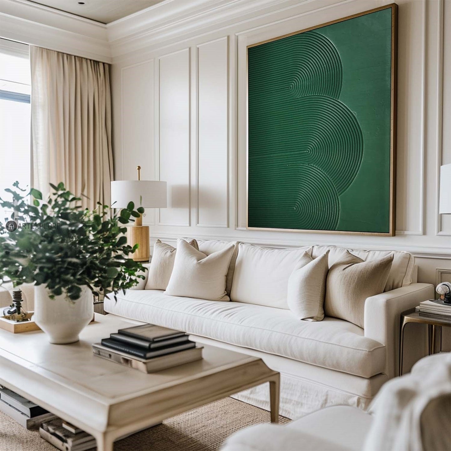 Lush Green Minimalist Oil Painting with Abstract Line Design for Modern Decor