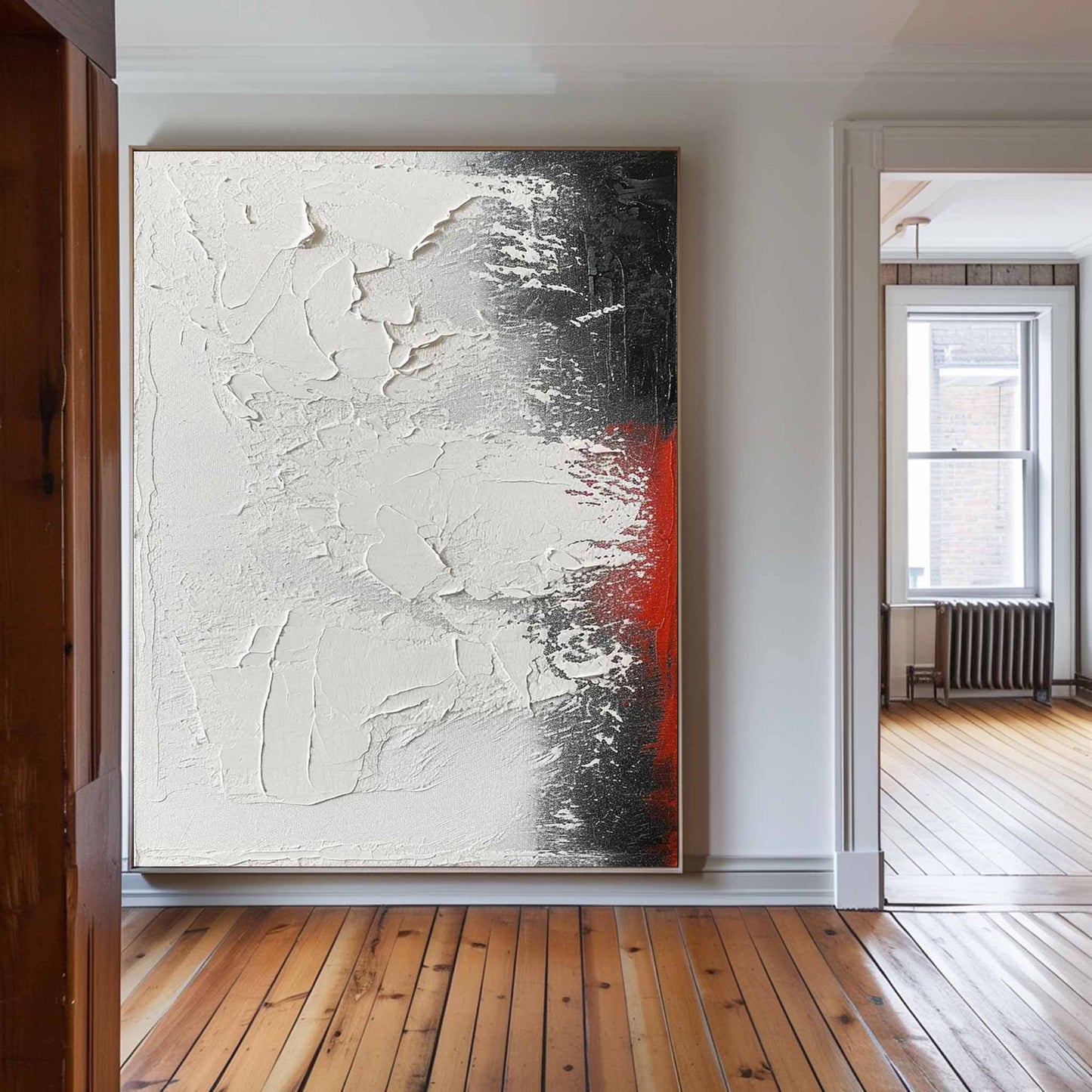 Contemporary Textured Abstract Oil Painting with Bold Black and Red Accents